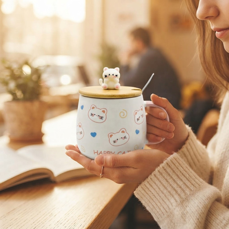 ماگ سرامیکی گربه ای مدل در بامبو به همراه قاشق استیل